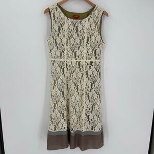 Sundance Orly Lace Sleeveless Midi Shift Dress Cream‎ Green Taupe Women Size 8